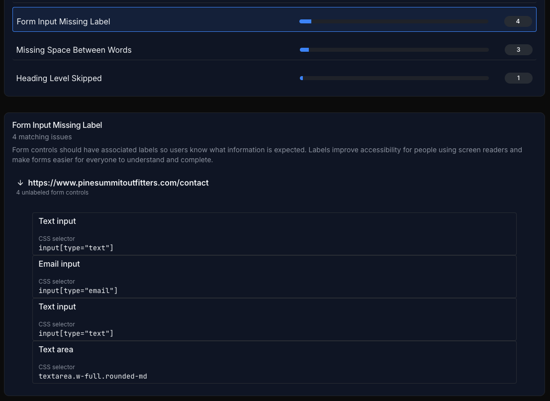 CheckSitePulse accessibility report showing missing form labels
