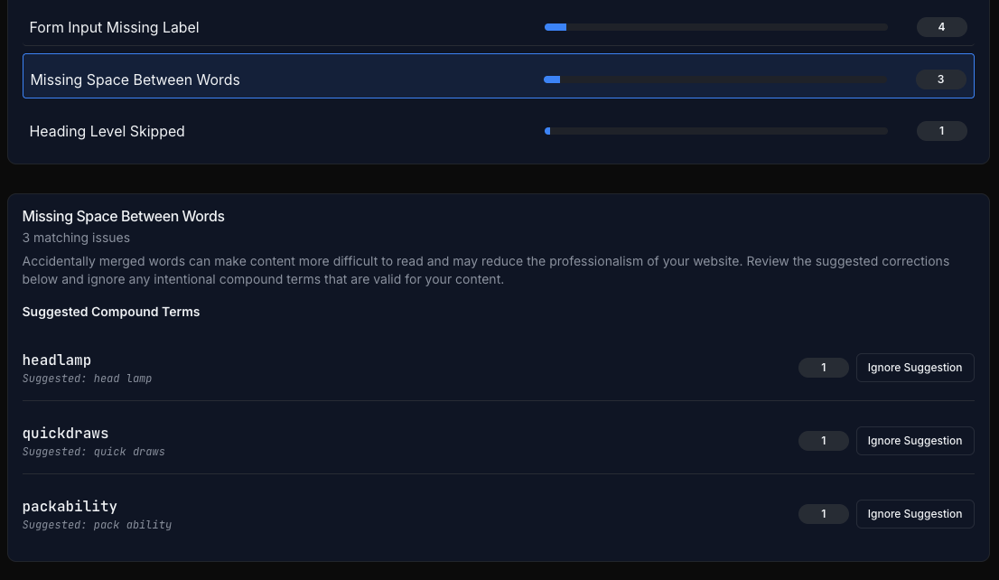 CheckSitePulse content quality report showing possibly merged words